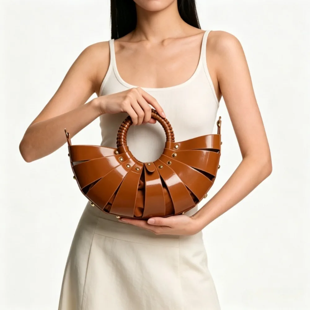 Women's Half Moon Fan Shaped Handbag, Hollow Cutout Woven Ring Top Handle Bag