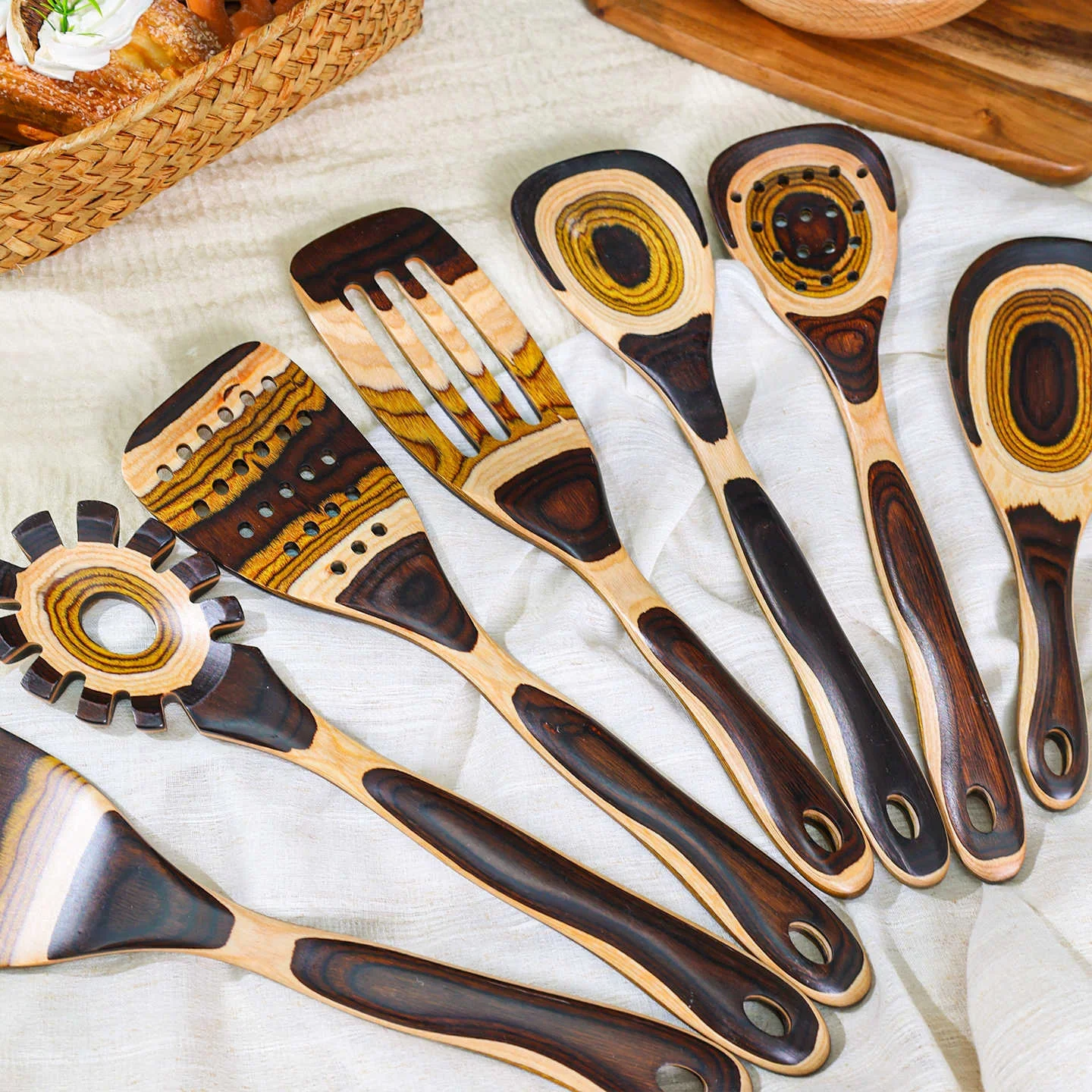Creative Retro Moroccan Gradient Colored Wood Pizza shovel Kitchen Utensil Set Cooking Rice Spoon Slotted Pasta Spoon Spatula