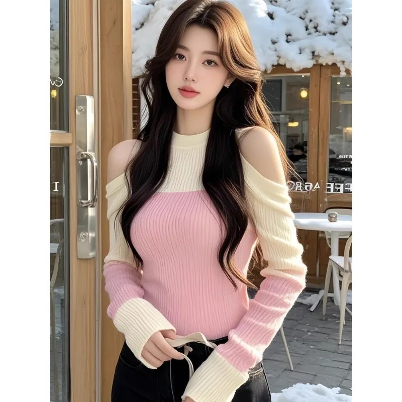 Women Clothes Autumn Winter Fashion Simplicity Trend Color Blocking O-neck Knitting Female Fashionable Appear Thin Pullovers Top