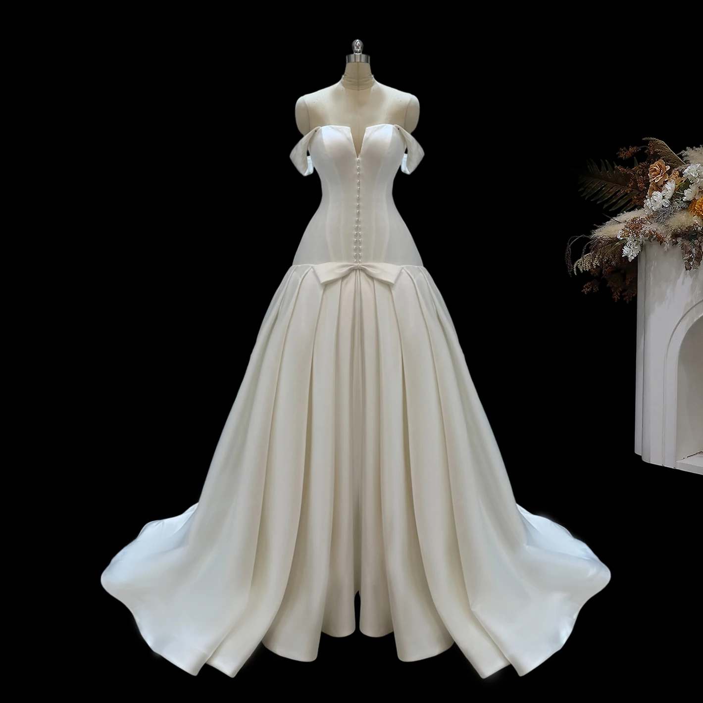 Sharon Said Simple Ivory Satin Wedding Dress Off Shoulder Deep V-Neck Big Bow Button Back Bridal Gowns SW692 Customized