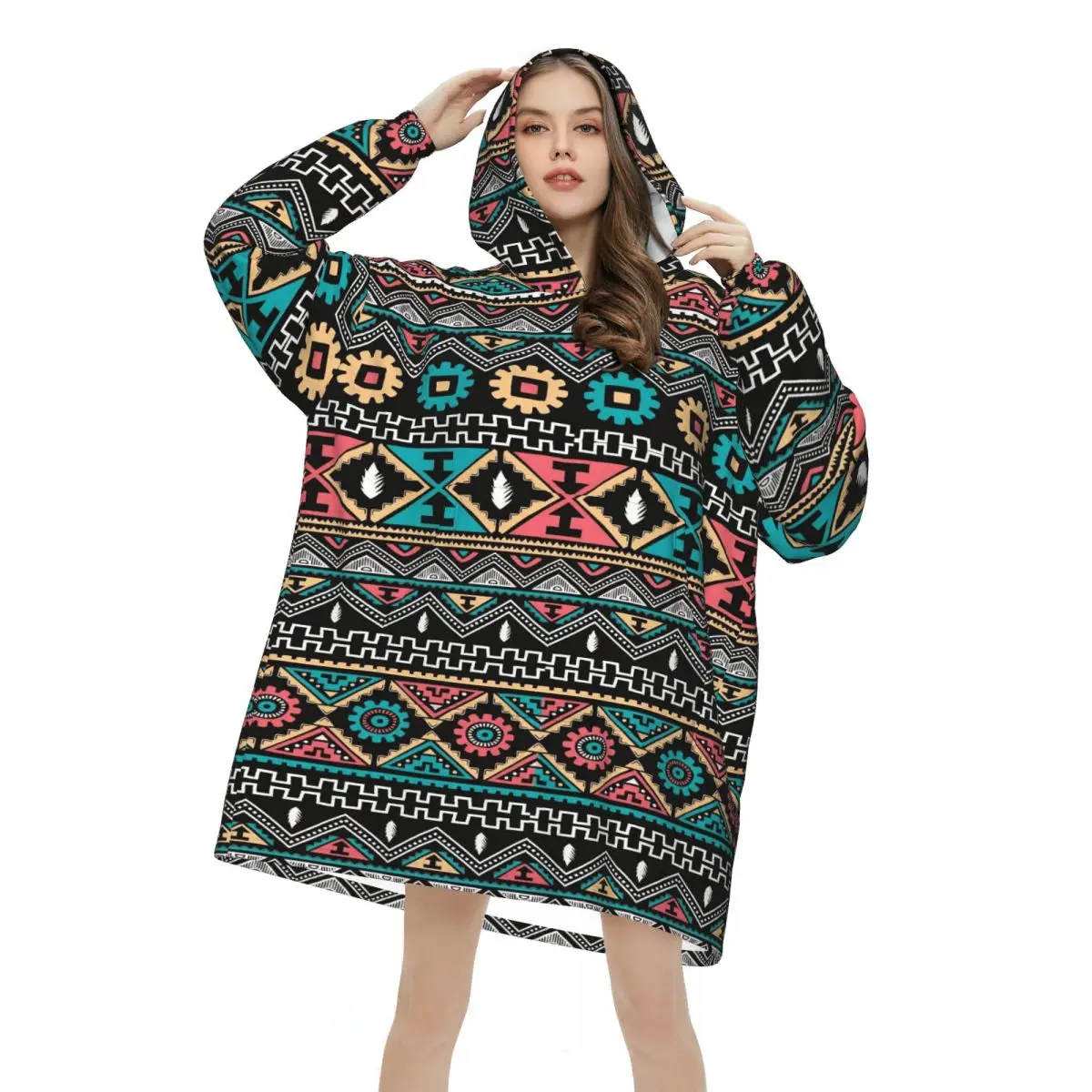 Southwestern Aztec Tribal Oversized Blanket Hoodie Sweatshirt Hooded Wearable Blanket with Large Pocket for Women Men