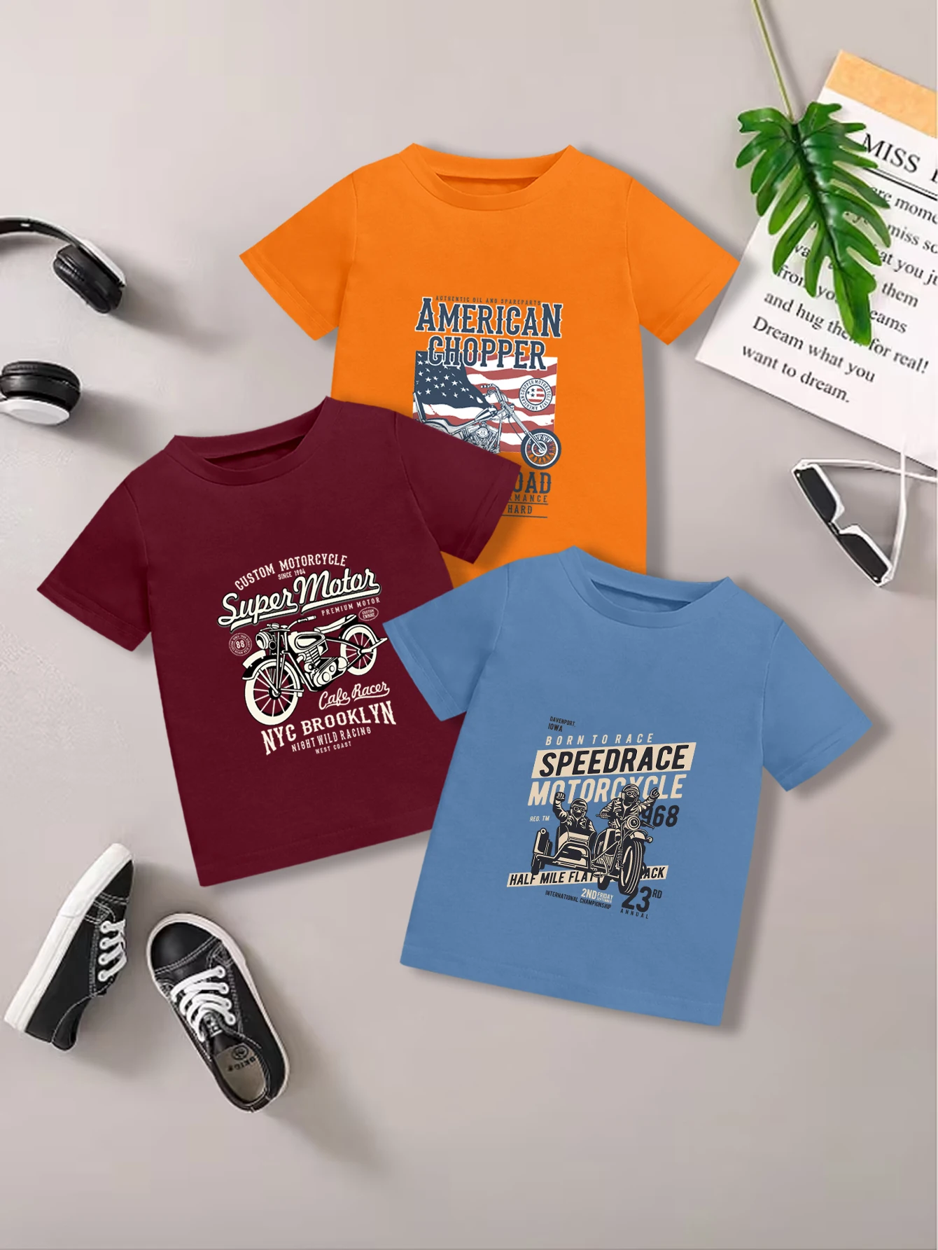 

3 предмета: летняя повседневная футболка для мальчиков с мультяшным ретро-принтом мотоцикла