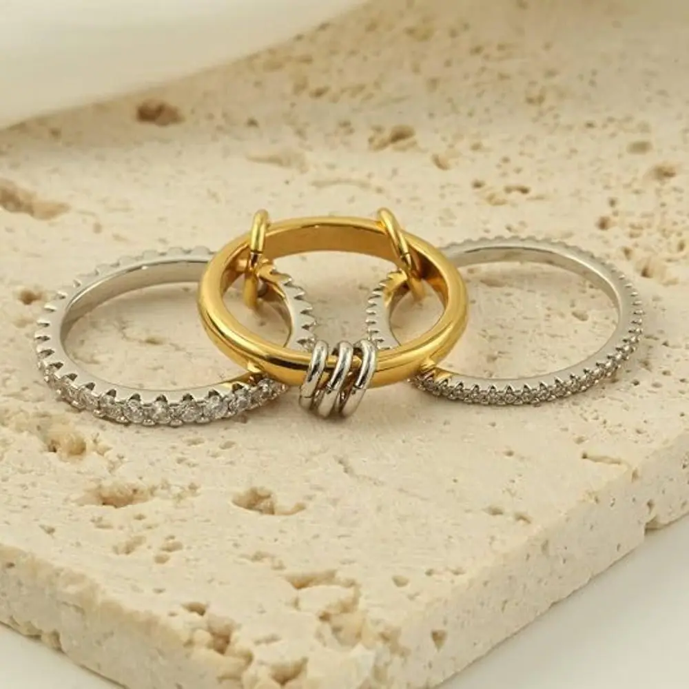 Anillos de oro de acero inoxidable que no se deslustran, anillo apilable conectado multienlace, anillos delicados de circón con diamantes completos para mujer
