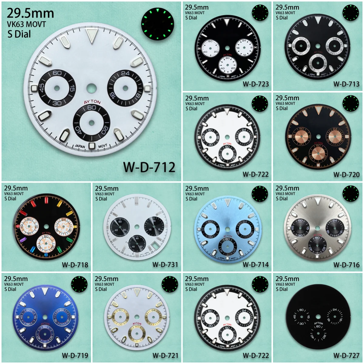 29.5mm Panda DTN S Dial Fit VK63 Movement Green Luminous High-Quality Dial Watch Modification Accessories