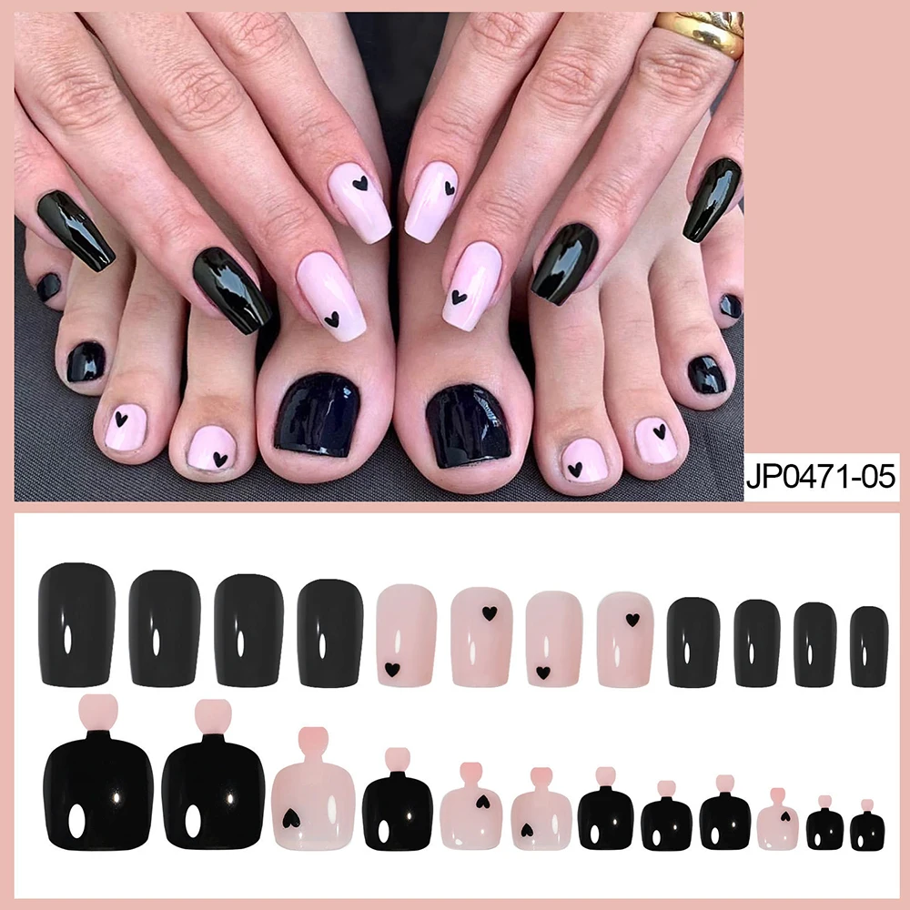 48Pcs  False Toenails Heart Wearable Fake Nails Set for Women Girls French Style Full Cover Nail Sticker