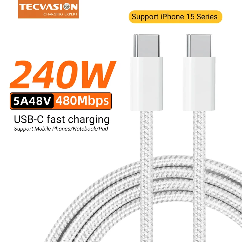 240W USB C Cable For MacBook Samsung S22 Iphone 15 Pro Xiaomi iPad DELL ASUS PD Cable 5A 140W Fast Charging Type C Braided Cable