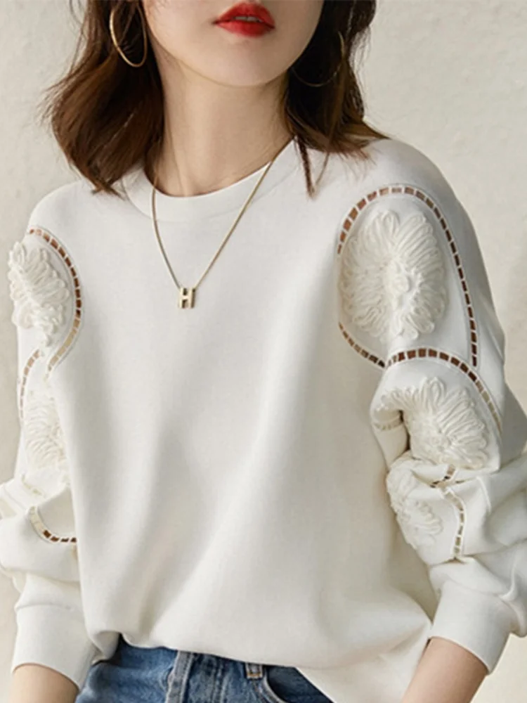 Slimming Long Sleeve Hoodie Women's Gentle round Neck Commute Versatile Hollow out Top Korean Style Casual Loose Fit