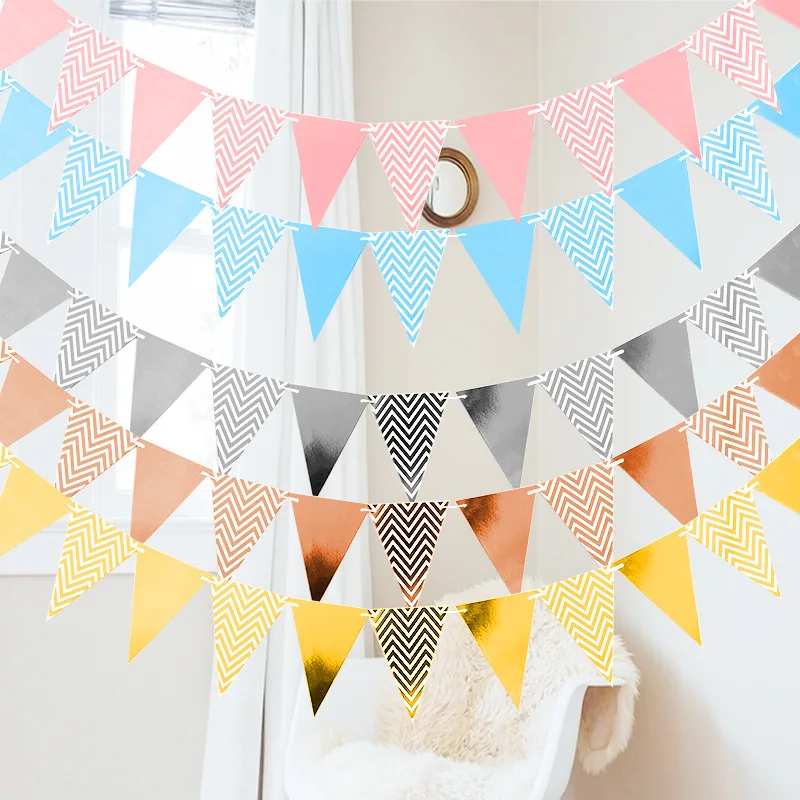 Golden Pennant Waving Flag Birthday Party Decorations Gold  Silver  Powder And Blue Triangle Banners