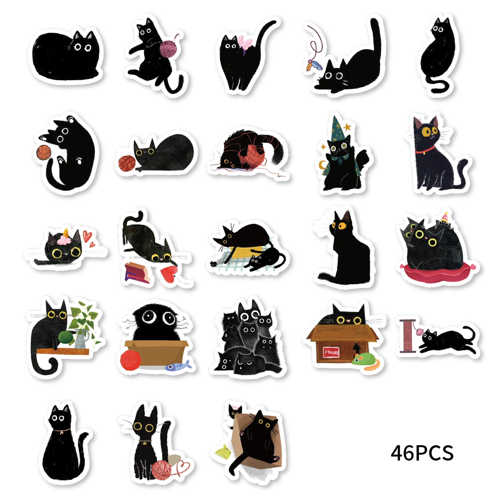 46pcs Cute Black Cat Cartoon Graffiti Stickers Decorated Notebook Water Cup Suitcase Guitar Classic Toy Scrapbook PVC Decals