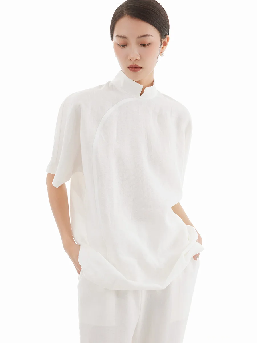 

New Chinese Sle Stand Collar ort Sve Linen irt Women's Traditional Cut Overhead Thin Top Summer Post Collar Button D...