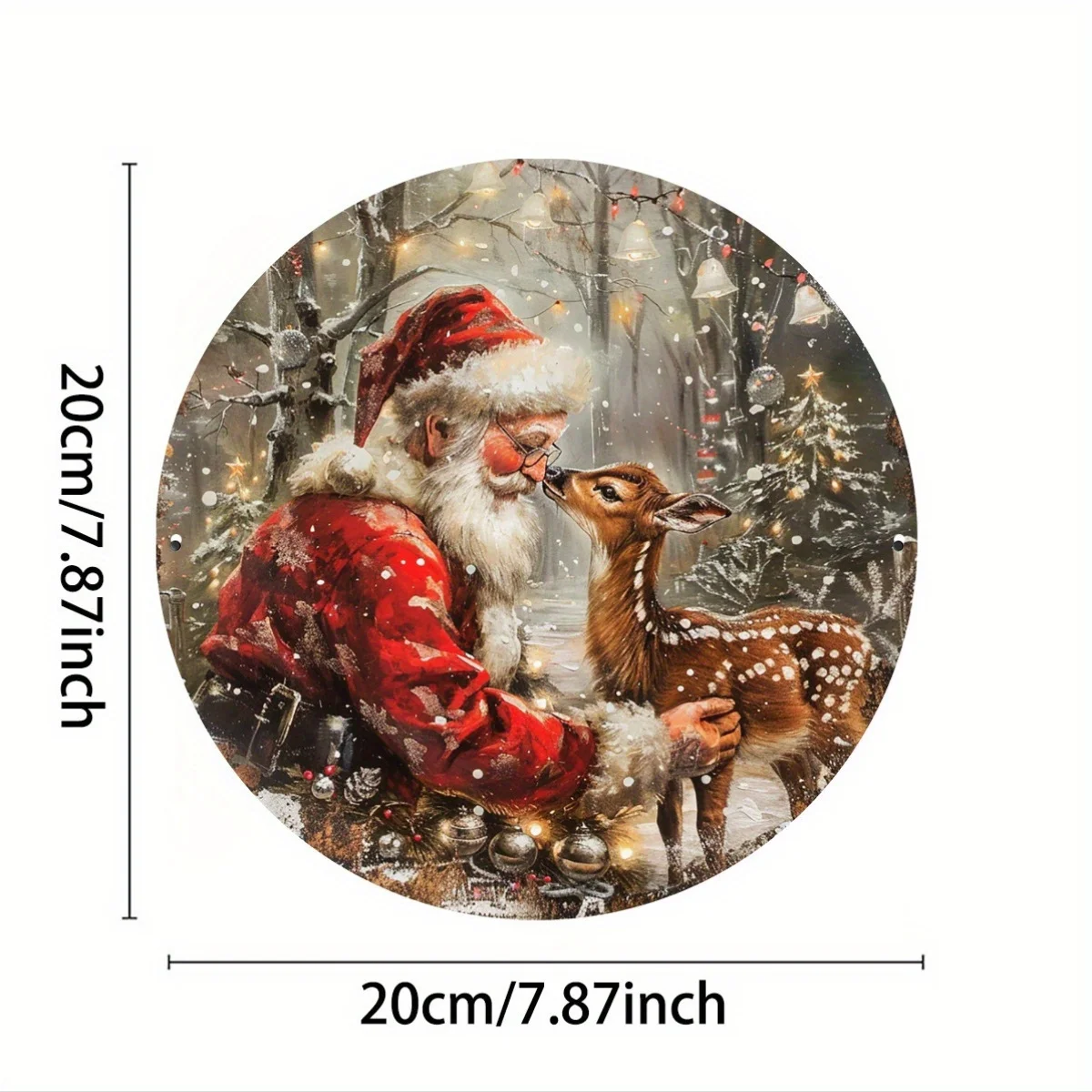 Christmas Santa and Deer Warm Embrace Vintage Aluminum Round Sign - Perfect for Holiday Decor, Ideal for Home, Cafe