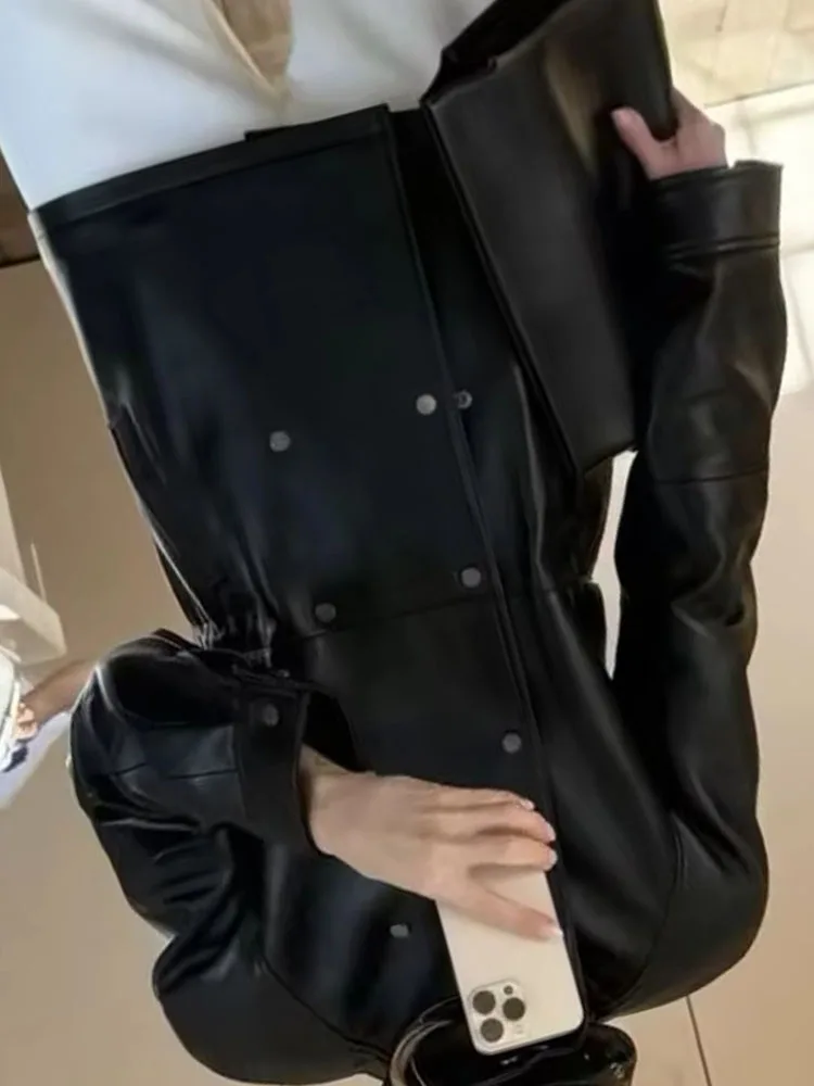 

HH Female Fashion Casual Street Mid Length Coat Women Double Breasted Stand Collar Long Sleeves Pocket Decoration Leather Jacket