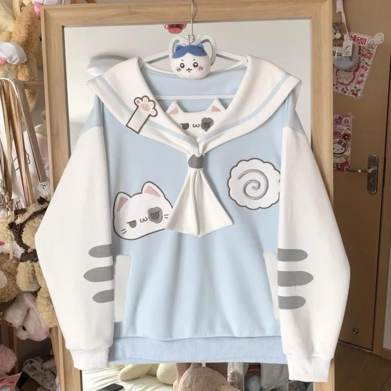 Autumn Japanese Sweet Cute Anime Cat Print T-shirt Women Casual Naval Collar Long Sleeve Sweatshirt Kawaii Fashion Tops New