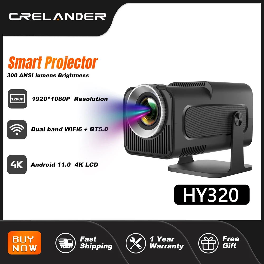 

CRELANDER HY320 4K Projetor Full HD 1080P 300ANSI Dual Wifi6 BT5.0 Mini Smart Projector Home Theater Portable Projector