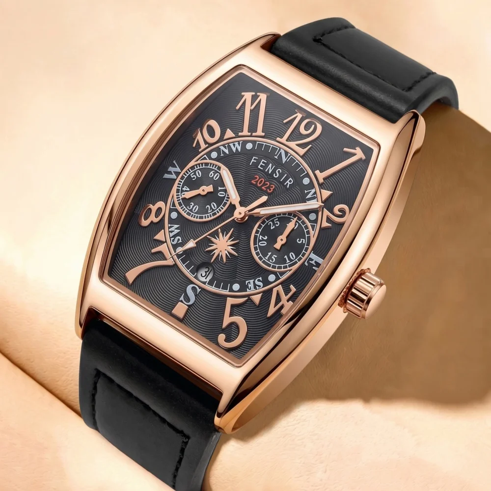 Barrel-Shaped Men's Quartz Watch with Calendar, Leather Strap Waterproof Business Watch for Men, Retro Large Digital Trendy Men's Watch, Everyday Wear Luxury Versatile Men's Wristwatch