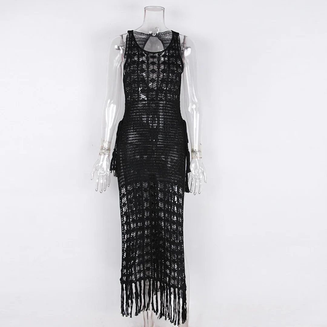 S-XL Sexy, ausgeschnittenes, mit Fransen und Quasten versehenes, gestricktes, gehäkeltes Tunika-Strandkleid, Strandkleid, Strandmode, Damenmode V3800 – Detail 16