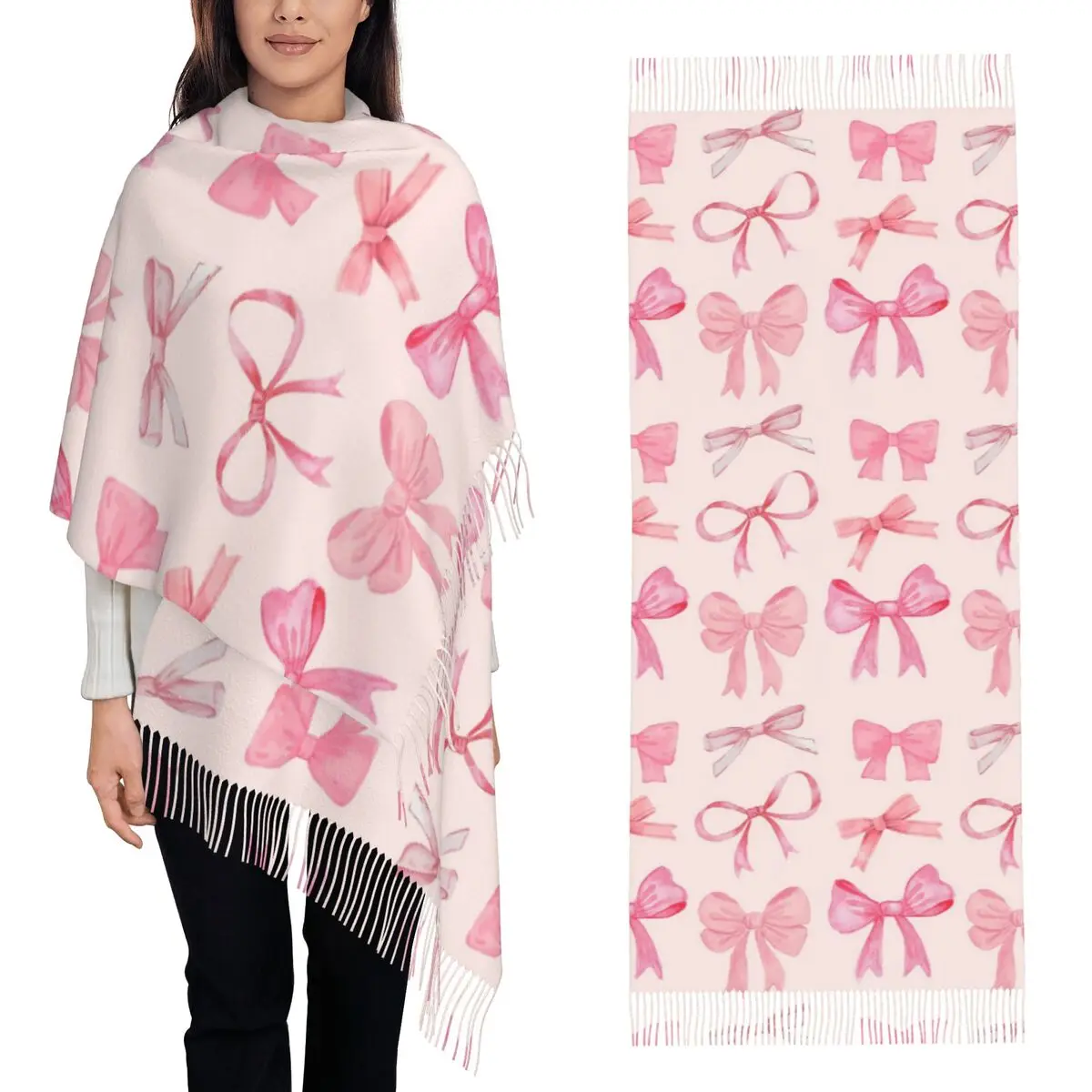 Various Pink Colorful Bow Tie Pattern Scarf Tassel Scarves for Women Soft Warm Shawls and Wraps Long Fall Winter Shawl Wrap