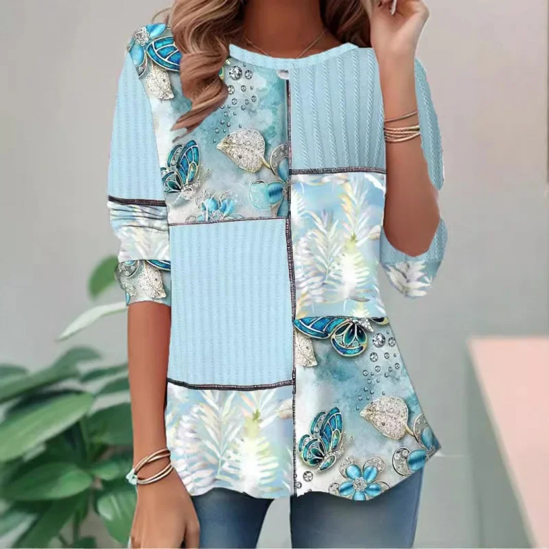 Otoño Invierno Plaid Sle Long Sve redondo Ne Retro mujer camiseta 6809 patrón de lunares tela de lino estampada ex