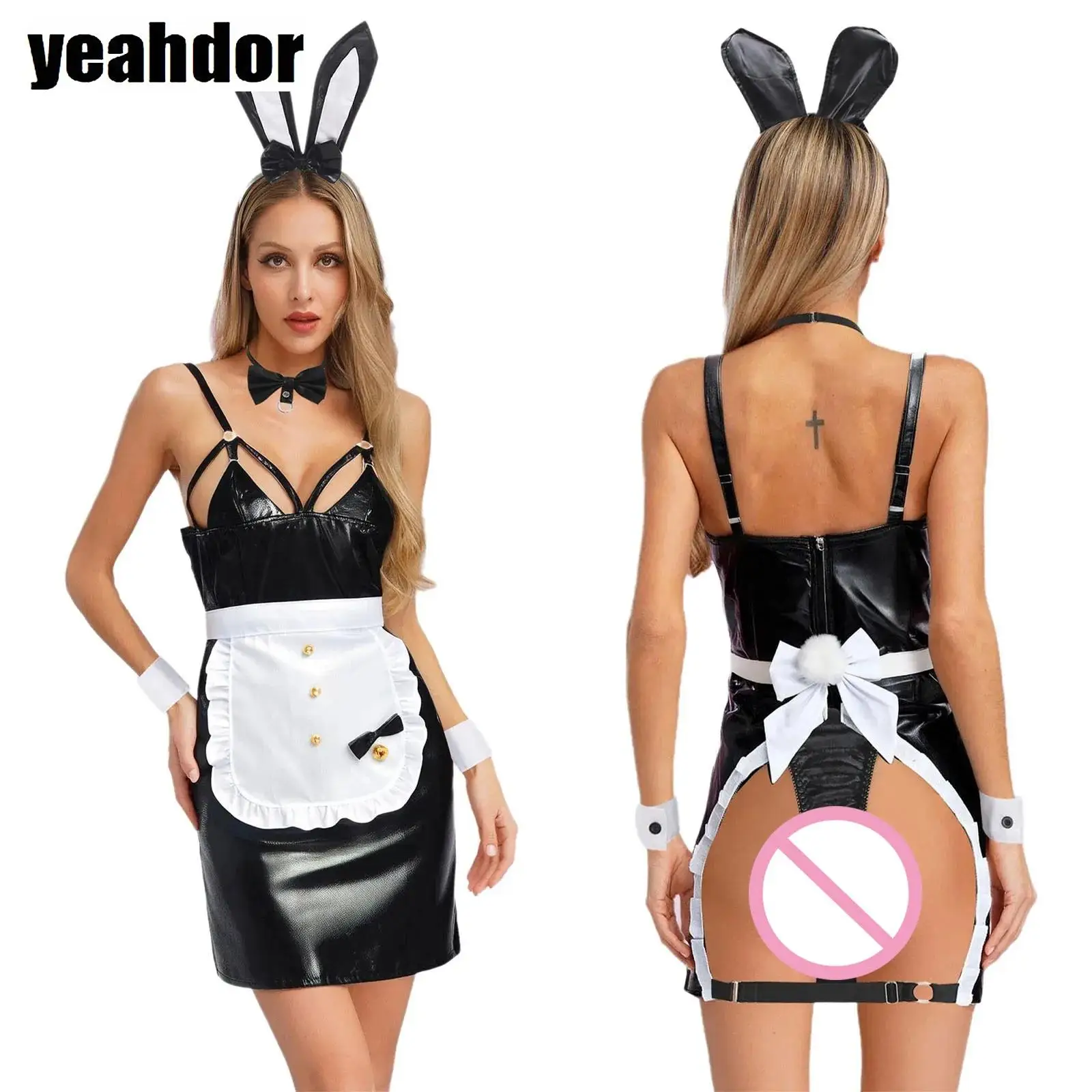 

Women Bunny Lady Anime Maid Cosplay Costume Sling Dress T-back Thong Rabbit Ear Headwear Bowtie Apron Pompom Tail Halloween Set