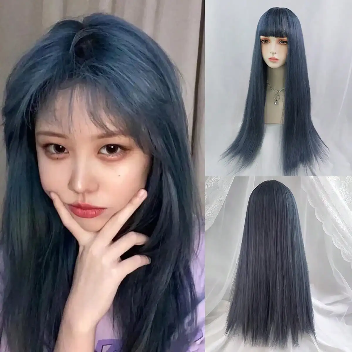 

Long Blue Grey Wig Synthetic Hair With Bangs Wig For Women Girls Role Play Lolita Party Heat Resistant Headgear