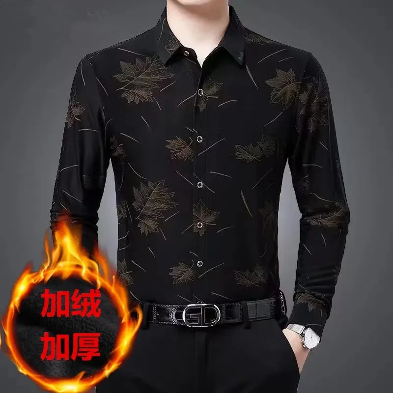

Winter Men's Long-sleeved Shirt Middle-aged Velvet Thickened Warm Shirt Loose Men's Printed Top