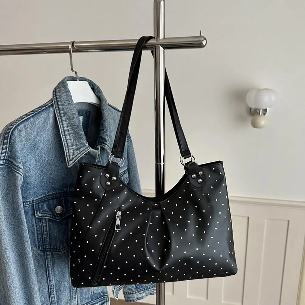 Damen-Umhängetasche, Vintage-Polka-Dot-Design, Pendler-Tragetasche, große Kapazität, PU-Leder-Handtasche, Unterarmtasche für Schule, Büro und den täglichen Gebrauch. – Detail 18