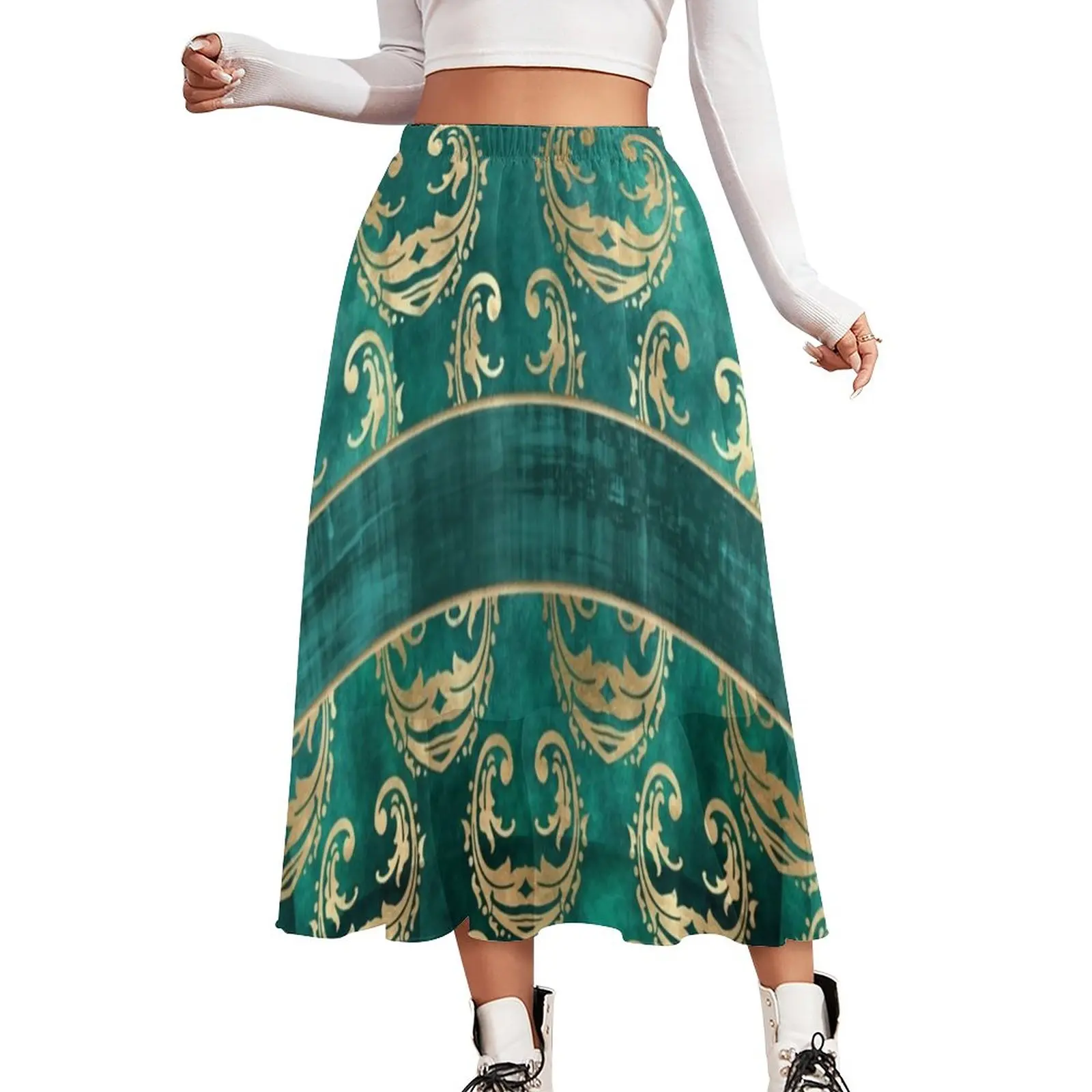 

Retro Baroque Skirt Gold Vintage Damask Beach Boho Skirts Summer Aesthetic Elastic Waist Chiffon Pattern Oversize Casual Skirt