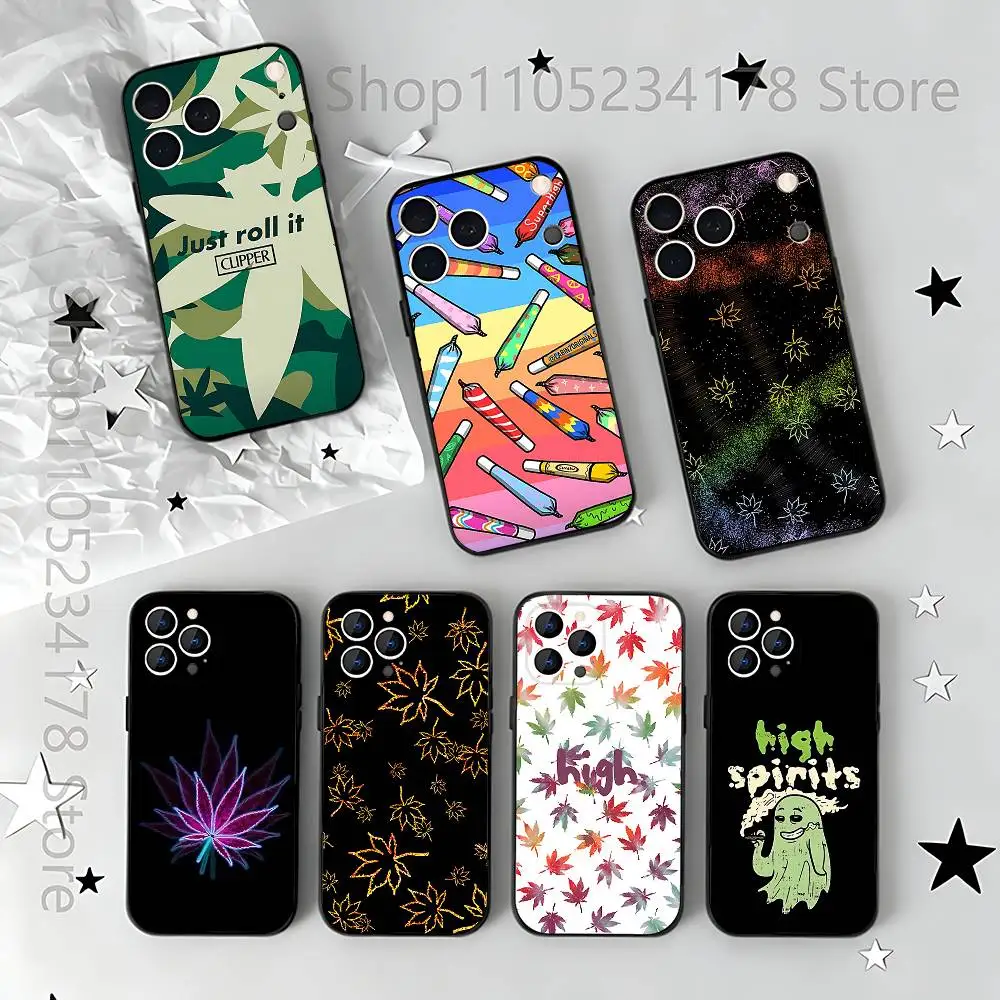 

Phone Case For iPhone 17,16,15,14,13,12,11,Pro,Max,Plus,E,Air,Mini Weed high leaf ART Protective Black Cover