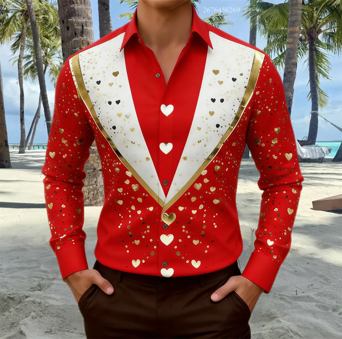 

Men's romantic heart-shaped button shirt with lapel design, suit style, Valentine's Day long-sleeved shirt, fast shipping.