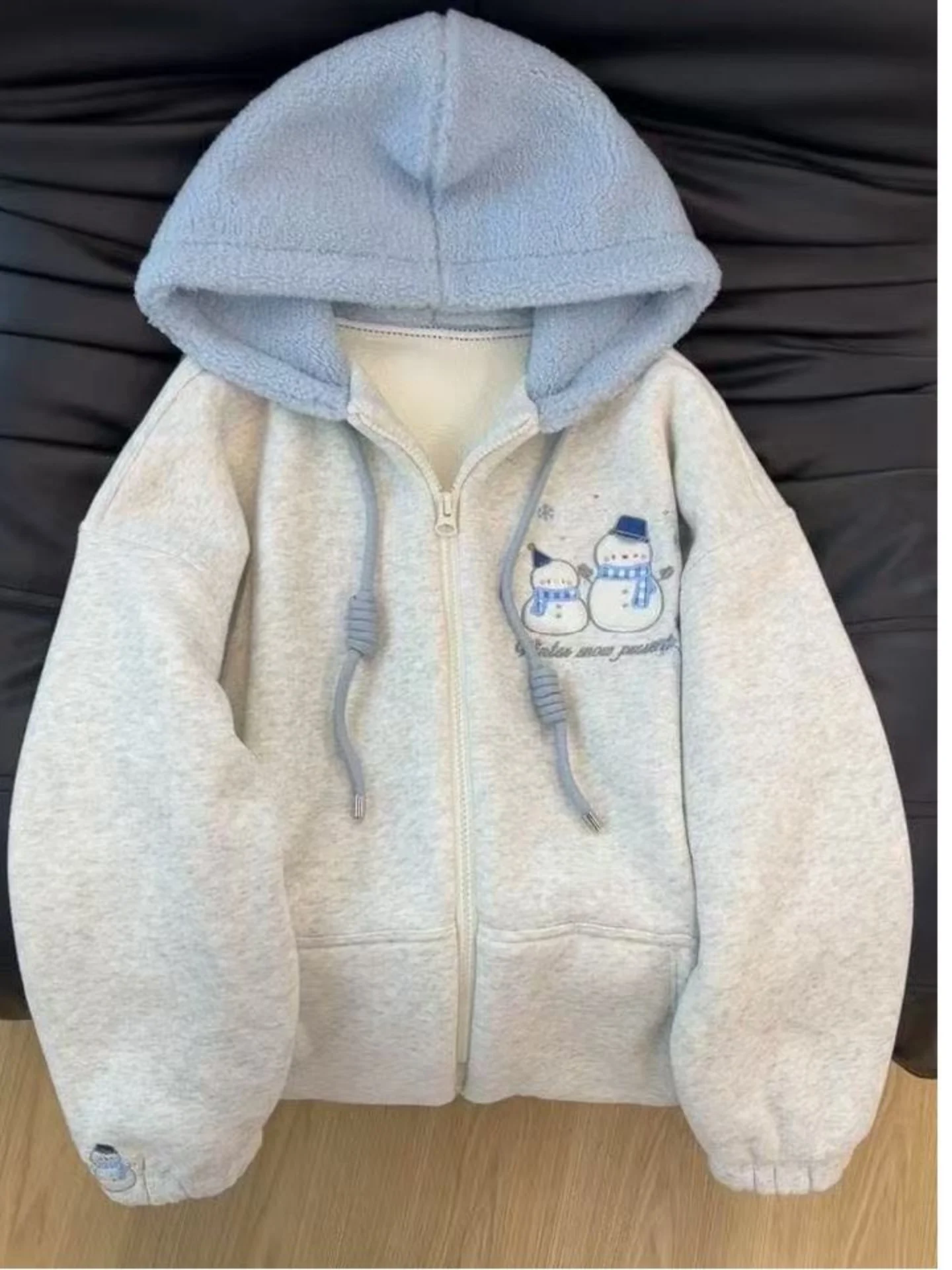 

Korean Gentle Color Block Snowman Embroidery Hoodie Women's College Style Cute Fleece Lined Top Open Cardigan Trendy