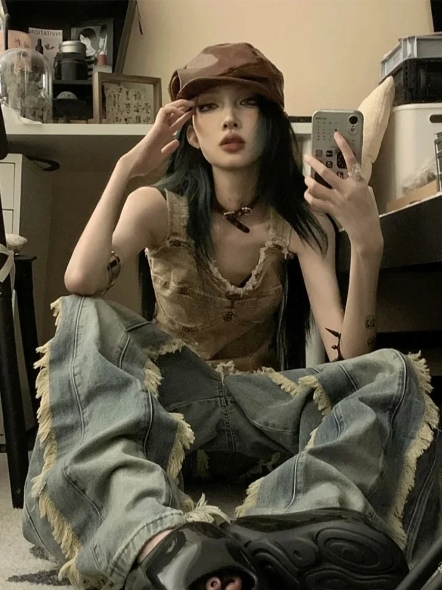 

2025 Ropa Mujer Sleeveless Tunic Tassel Camis Irregular Casual Summer Tanks Vintage Denim Vest Women Clothes Streetwear Y2k Tops
