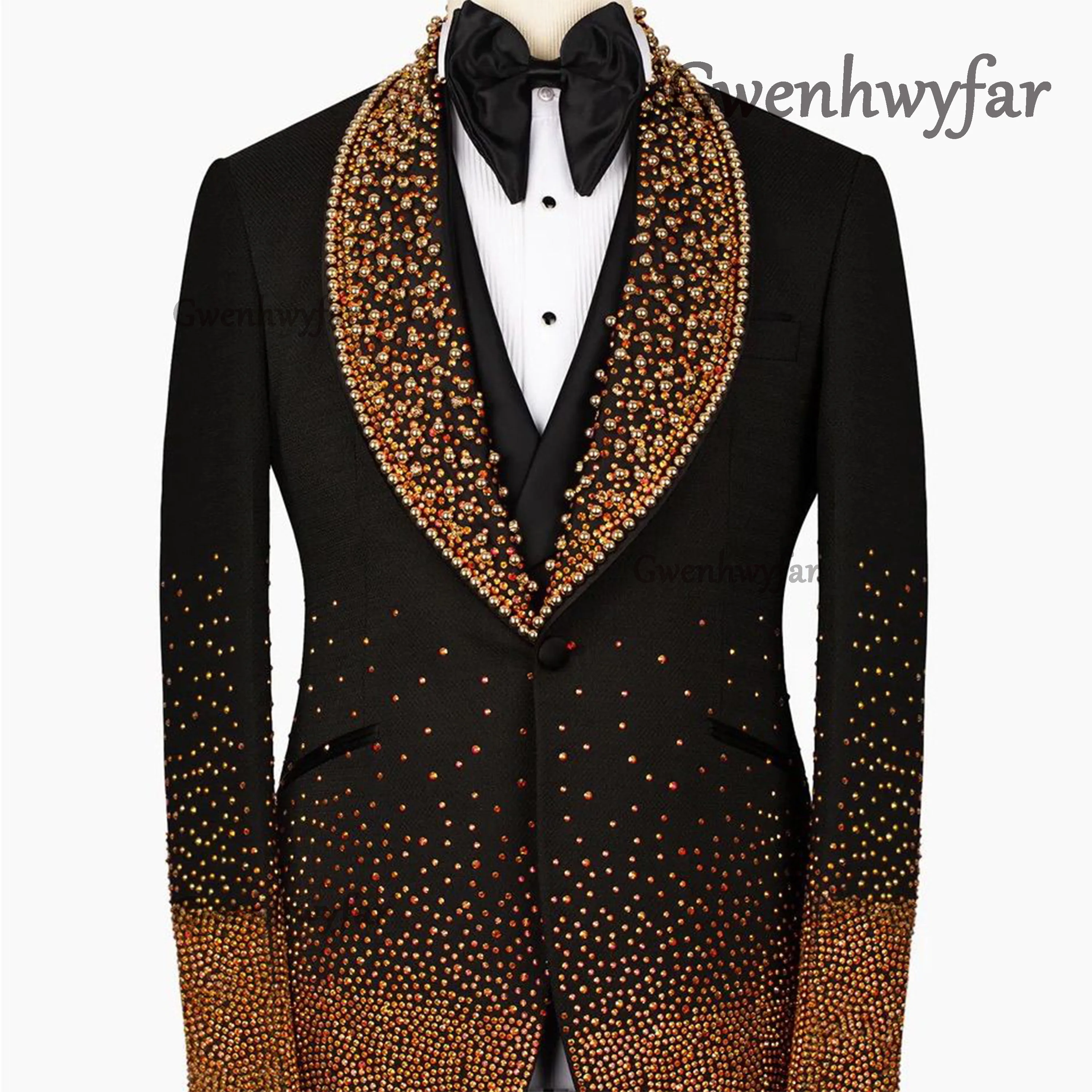 Gwenhwyfar 2026 Male Fashion Crystals Suit Attire Men Sequins Label Prom Blazer Customized Groom Wedding Tuxedo 2Piece Costume