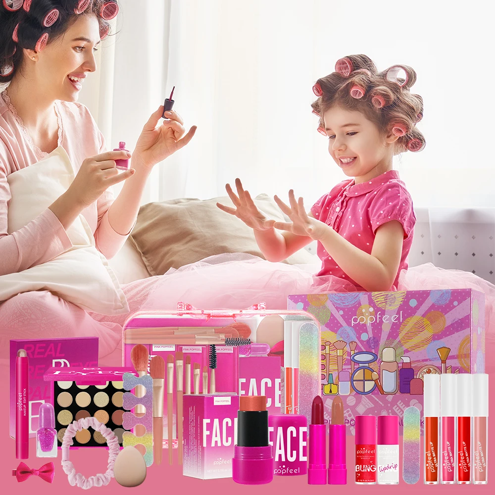 POPFEEL Różowy Zestaw do Makijażu - Kompletny Zestaw Cieni do Powiek, Podkładu i Pomadki na Święta i do Prezentowania na Boże Narodzenie.