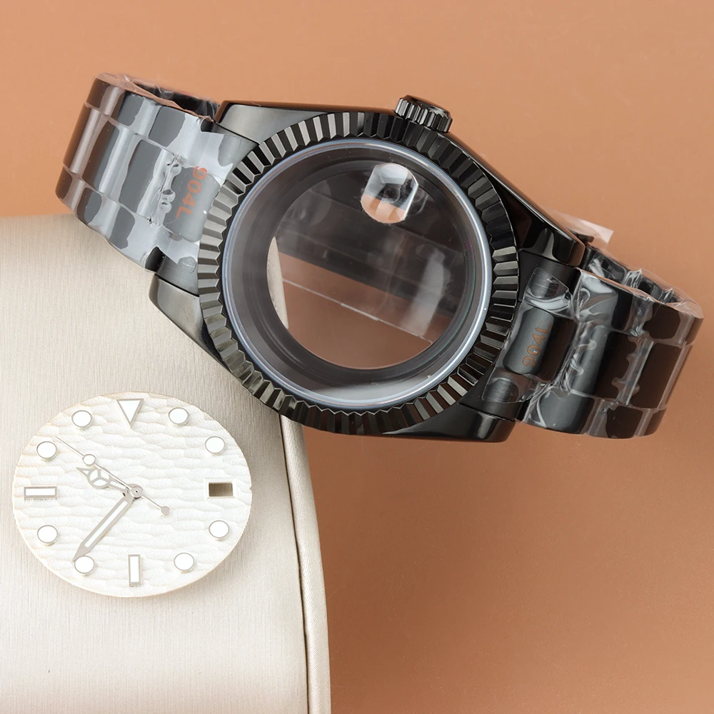 

39mm 36mm Black/Silver Watch Case With 28.5mm Wave Dial and Hands Set Steel Polish Oyster Strap Fit DATEJUST NH35 NH36 Movement