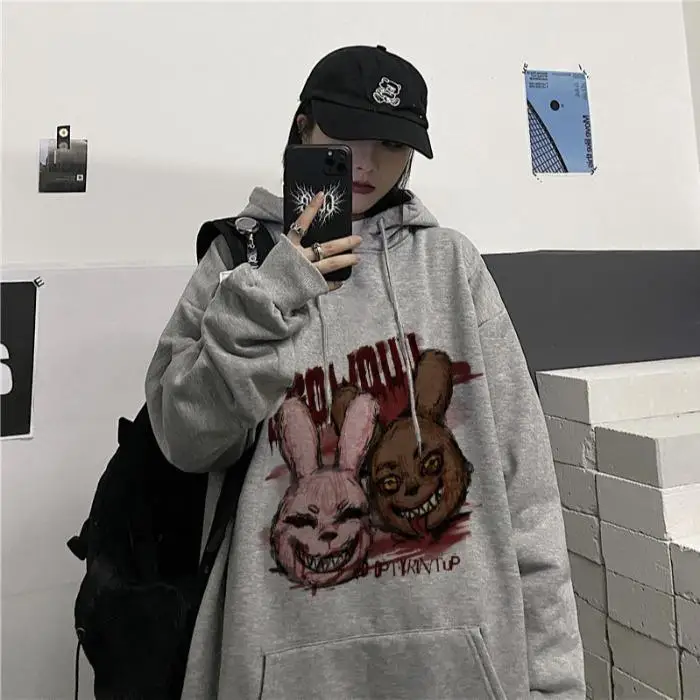 Autumn and Winter Korean Instagram Street Hip Hop Dark Rabbit Printed Hoodie Loose Hoodies for Men and Women Couple Top Trend