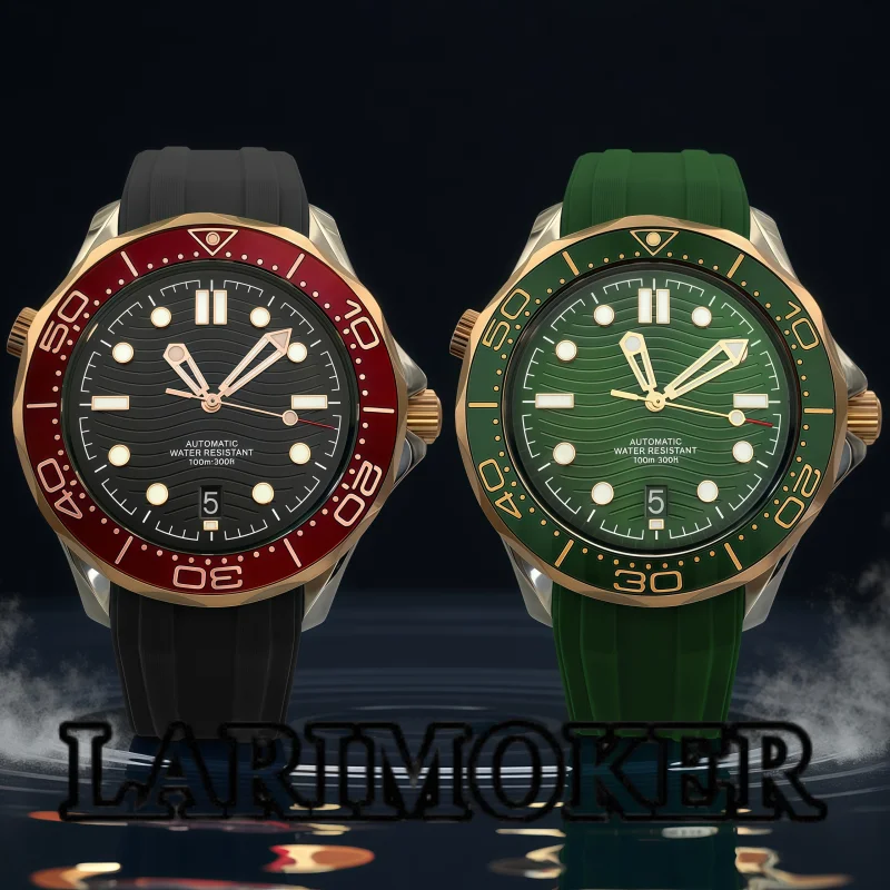 LARIMOKER 41mm Men's Diving Watch Two Tone Rose Gold Case Sapphire Crystal Green Dial Date NH35 Movement Rubber Strap
