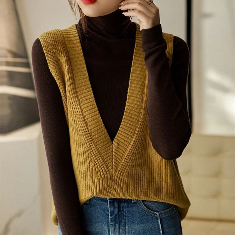 

Spring and Autumn Outer Layered Versatile Vest V-neck Vest Wool Knitted Sleeveless Women Loose Slim Top