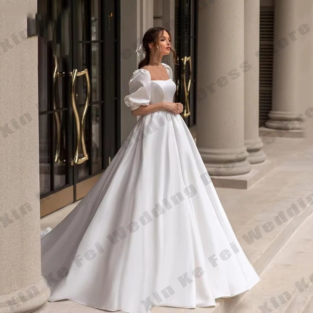 2025 Abiti da sposa moderni Boho Raso maniche corte Fiocco Colletto quadrato Appliques Abiti da sposa Abiti da sposa personalizzati