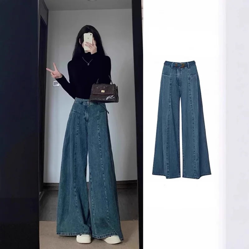 

Plus Size Retro Straight Jeans for Women Spring and Summer FatmmPear Shapes Loose Slimming High Waist Wide Legs Mop Pants