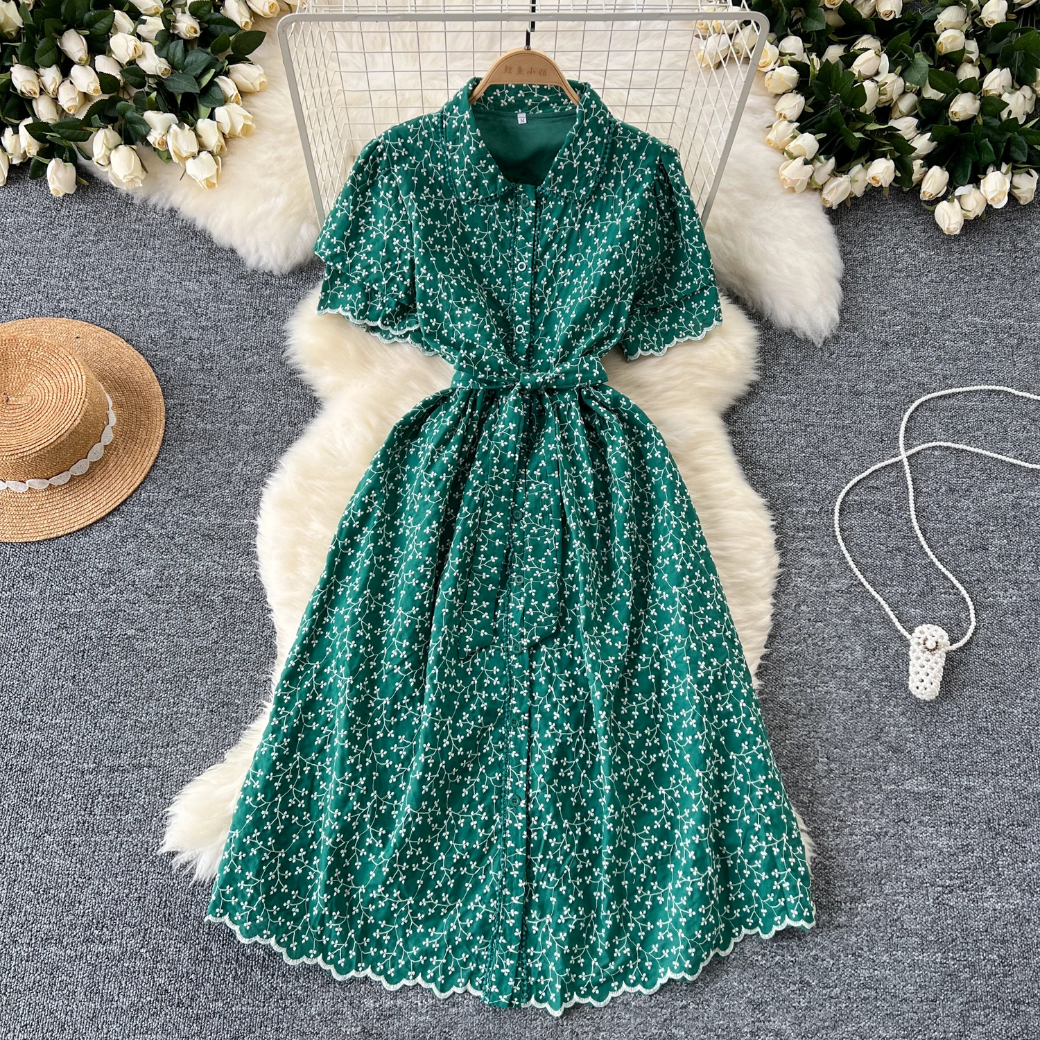 Sexy Chic polo-Neck puff sleeve Single Breasted Dress Elegant Korean Fashion Slim Summer Embroidery dresses