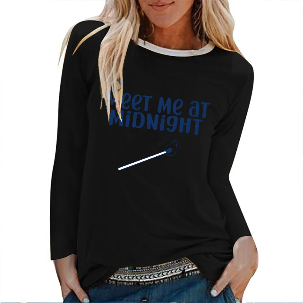 Seeyoushy Meet Me At Midnight 2023 New Trend Fashion Crewneck Long Sleeve T-shirt Y2K Aesthetic Ladies Top 90's Women's Clothing