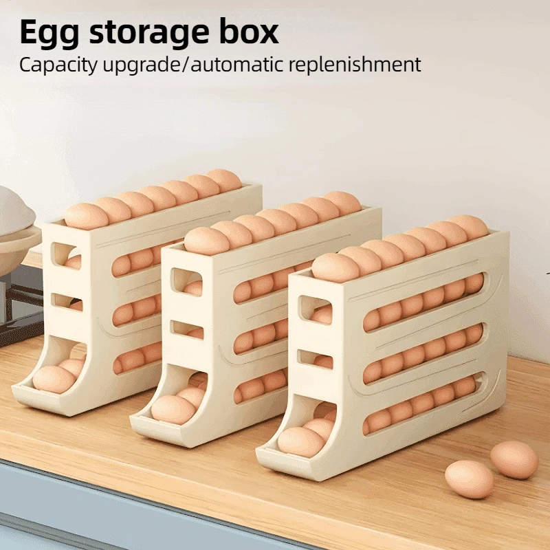 4 Tier Egg Storage Box Organizer for Refrigerator Rolling Egg Organizer Holder Fridge Storage Organizer Food Storage Container