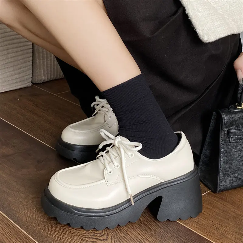 Women heels brown vintage platform shoes oxford Shoes women\'s Comfortable Lace Up Oxford Loafers Casual College Student Shoes