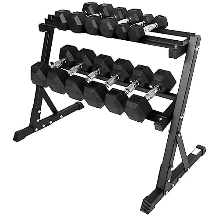 

Набор гексагональных гантелей Signature Fitness с резиновым покрытием, 150 фунтов, с 2-уровневой стойкой для хранения, 5-30 фунтов (пара), черные