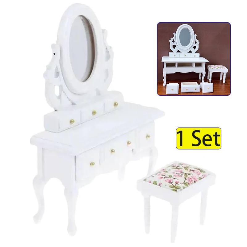 

1:12 Dollhouse Miniature Furniture Table Dressing Table With Mirror Dollhouse Bedroom Desk Stool Model Pretend Play Toys Gifts