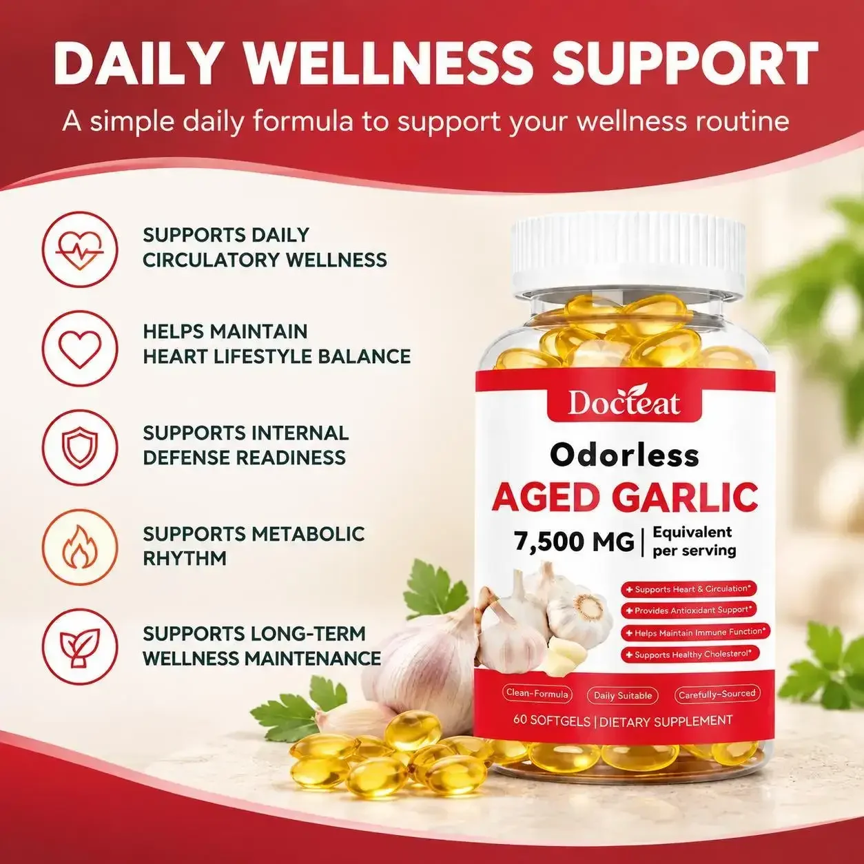 Odorless Aged Garlic Extract Softgels,Cardiovascular Health & Circulatory Wellness,7500mg Equivalent Aged Garlic,60 Softgels
