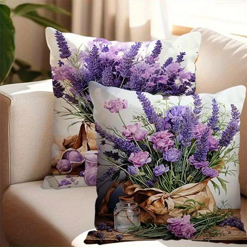4Pcs Lavender Pillow Covers 45x45cm Double-sided Printed Cushion Cases Purple Flower Bouquet Home Decor Throw Pillows No Insert