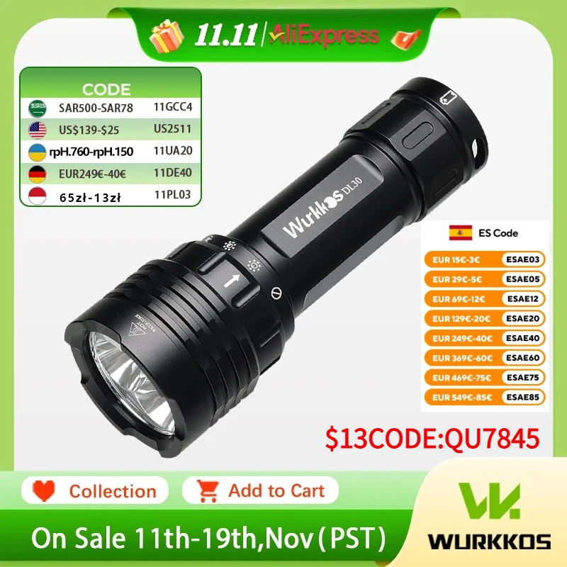 

Wurkkos DL30 Professional Diving Flashlight 3600LM Camping Lamp Fishing TN-3535 LED Work Light IPX-8 Magnetic Rotary Switch