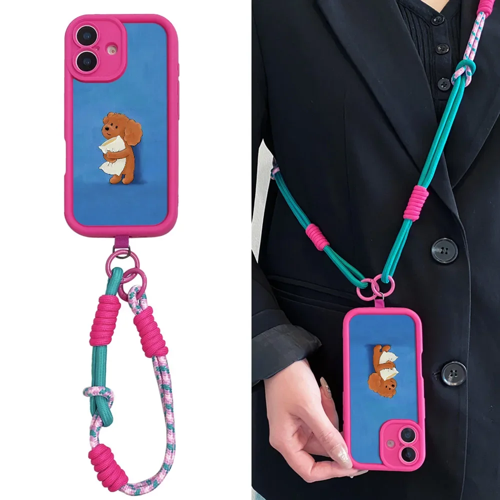 2025Lovely Cute Dog Crossbody Funda con cordón para iPhone16 15 14 13 12 11 17 Pro MAX XS Max XR 7 8 Plus Cadena para la muñeca Cubierta de cuerda larga