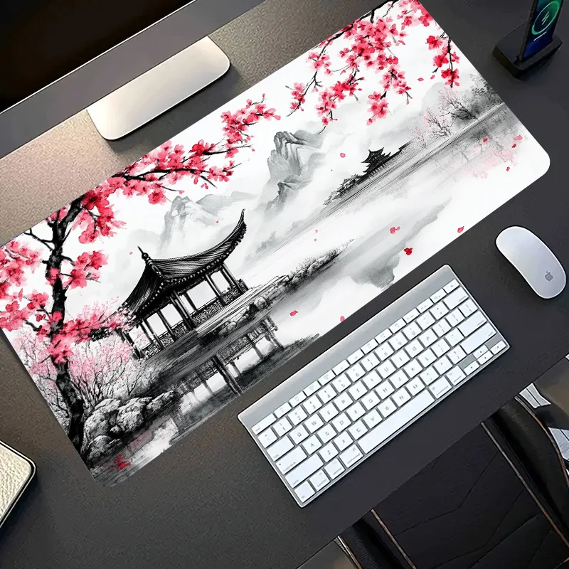 XXL Gaming mouse pad Ink-wash landscape pink cherry  pavilion fallen flowers pattern anti-slip rubber mat office desk accessory